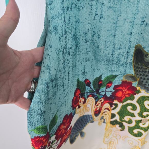 Citron Silk Sleeveless V-Neck Top Floral Koi Snake Textured Print Long Line M - Picture 5 of 8